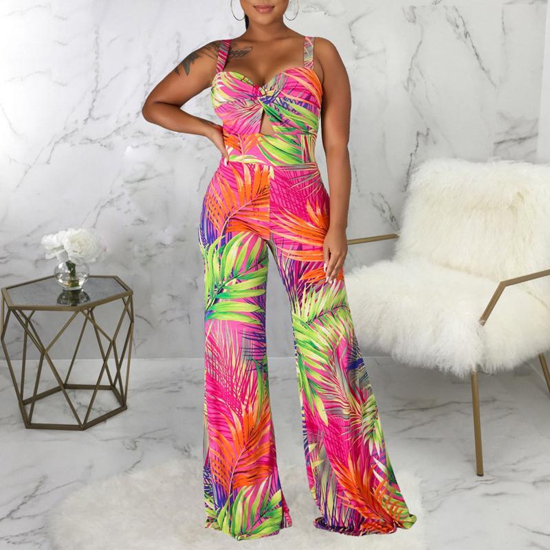 Spaghetti Strap Sexy Leaf Print Long Jumpsuit