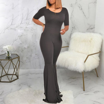 Indulge in elegance with our Women Flare Jumpsuit - a perfect blend of style and comfort. Featuring solid flare pants, this bodycon romper offers a flattering fit with a high waist design. 