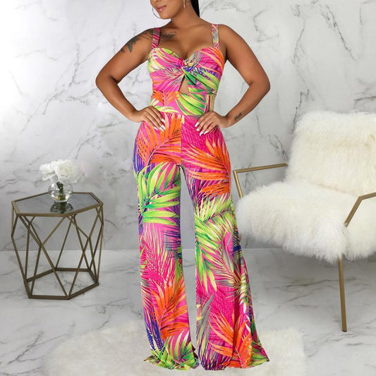 Spaghetti Strap Sexy Leaf Print Long Jumpsuit