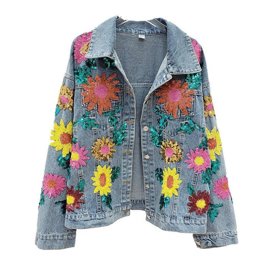 Women Sequin Denim Jacket Coats Streetwear Denim Jeans Jacket