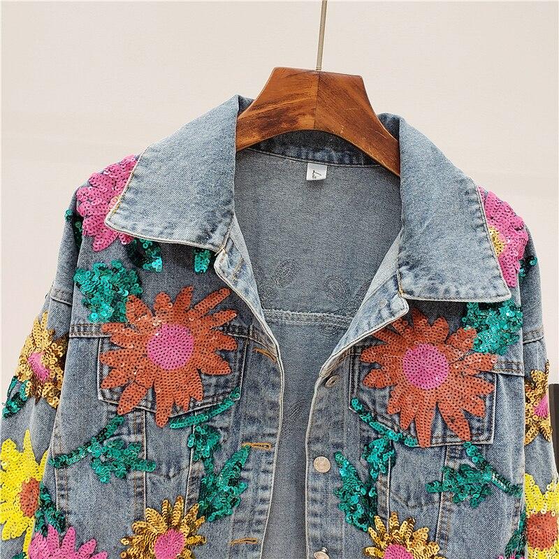 Women Sequin Denim Jacket Coats Streetwear Denim Jeans Jacket