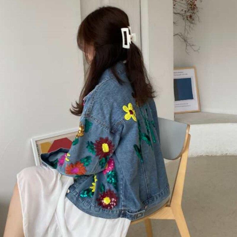 Women Sequin Denim Jacket Coats Streetwear Denim Jeans Jacket