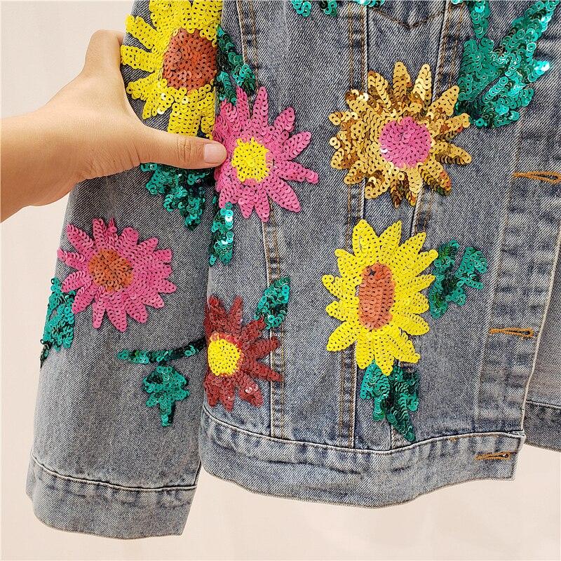 Women Sequin Denim Jacket Coats Streetwear Denim Jeans Jacket