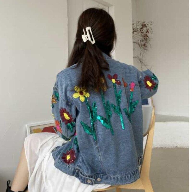 Women Sequin Denim Jacket Coats Streetwear Denim Jeans Jacket