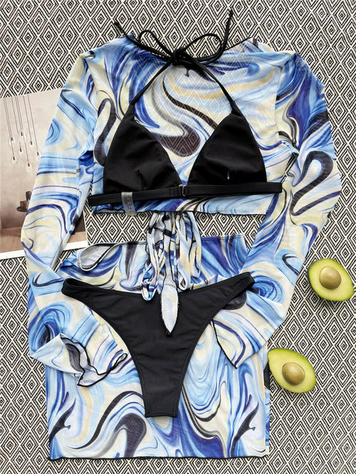 Explore the trendiest beach look with the Four Piece Bikinis Swimsuit featuring a long-sleeve top and a fashionable mesh skirt. Perfect for a day of sun and surf. Available at Apparel Base.