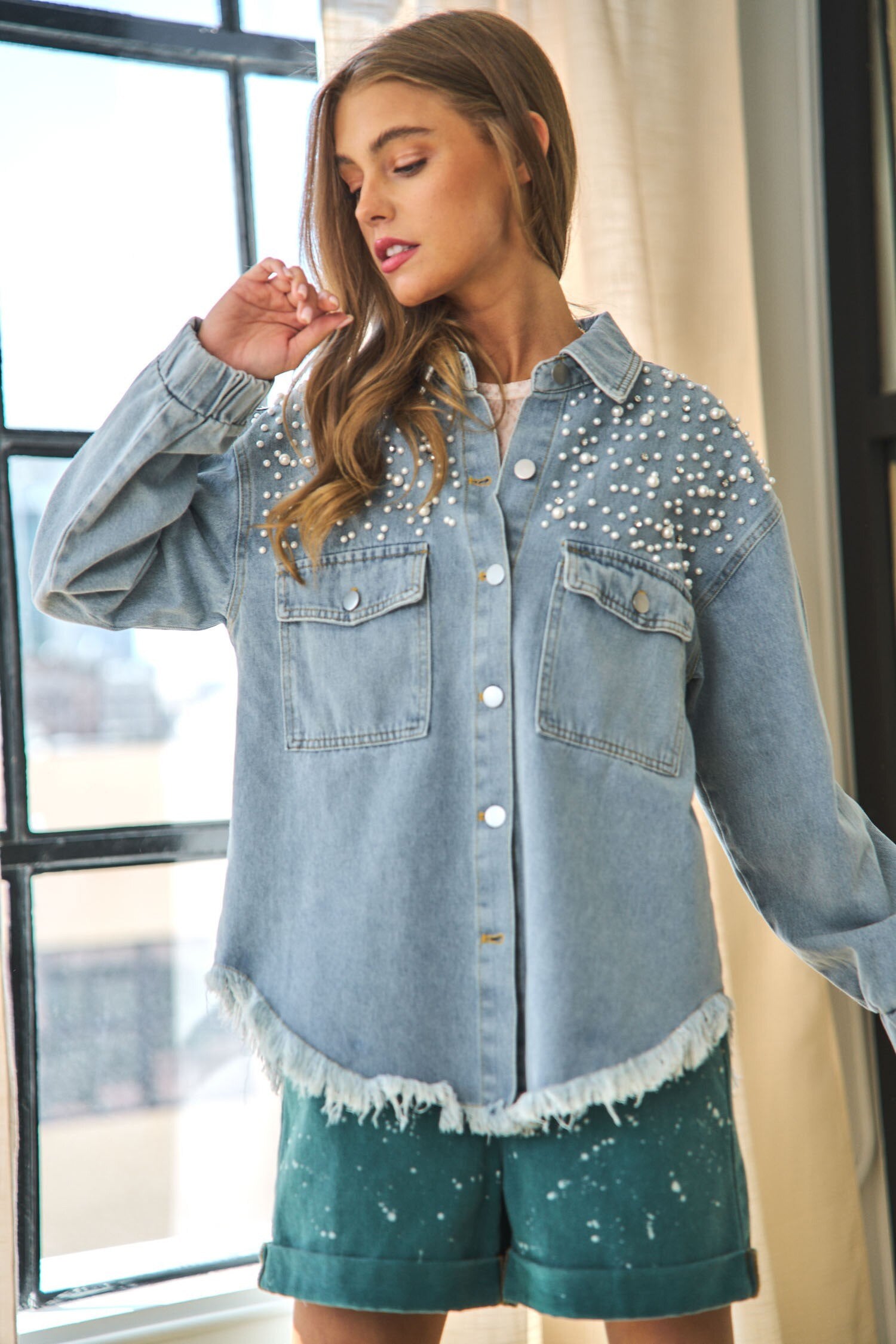 Blue Denim Jacket Pearls Loose Streetwear Long Sleeve Jean Coat