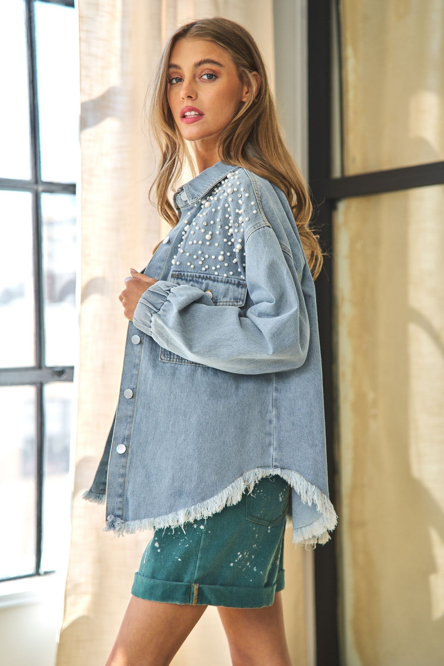 Blue Denim Jacket Pearls Loose Streetwear Long Sleeve Jean Coat