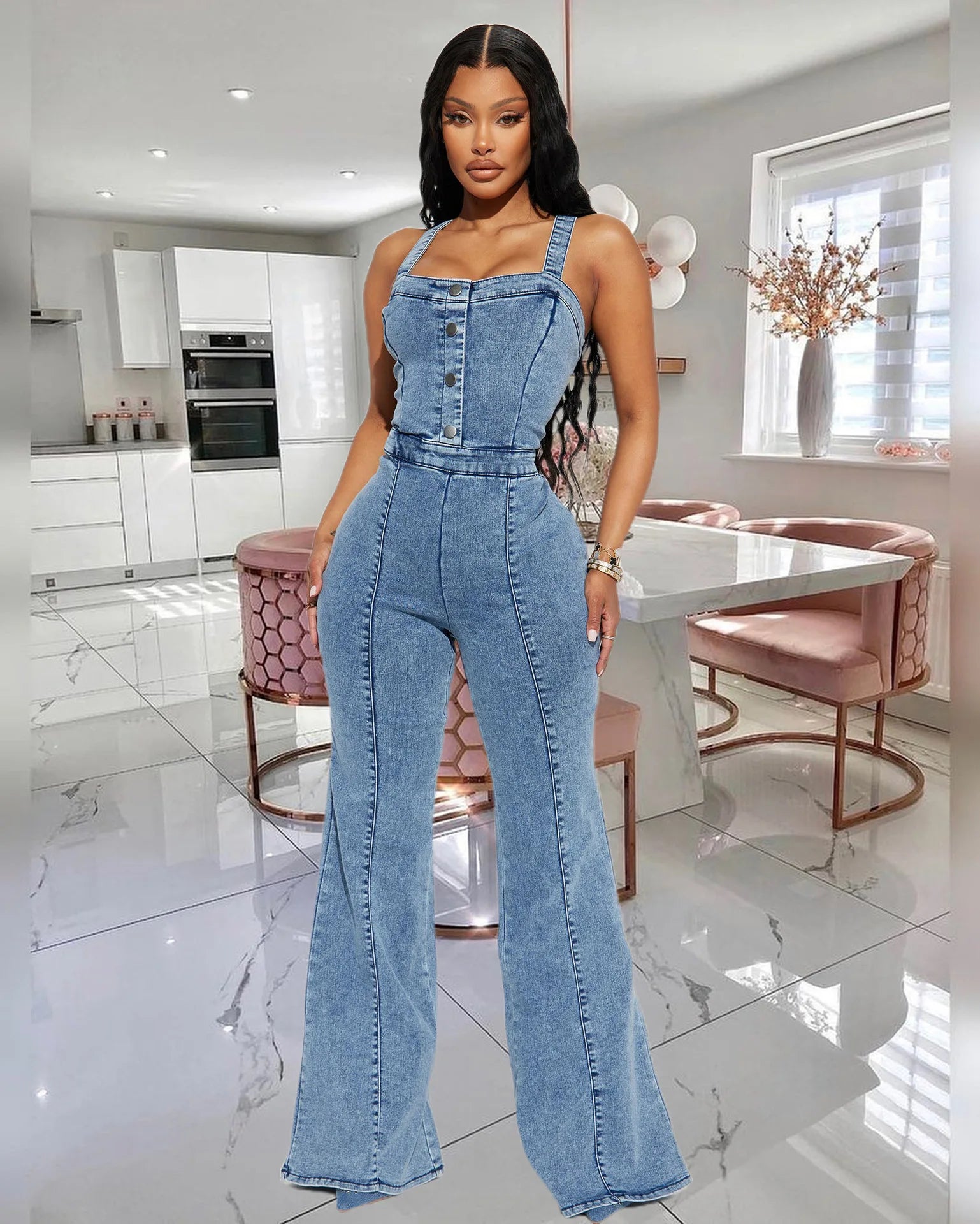 Sleeveless Strapless Pure Color Sexy Street Style Denim Jumpsuits Long