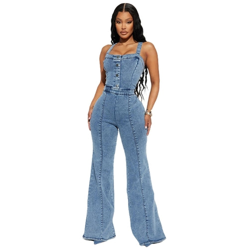 Sleeveless Strapless Pure Color Sexy Street Style Denim Jumpsuits Long