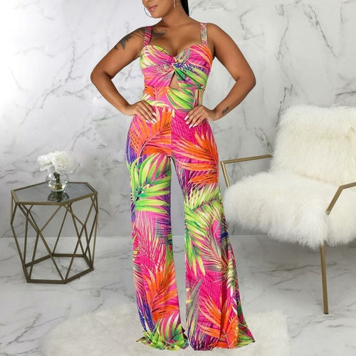 Spaghetti Strap Sexy Leaf Print Long Jumpsuit