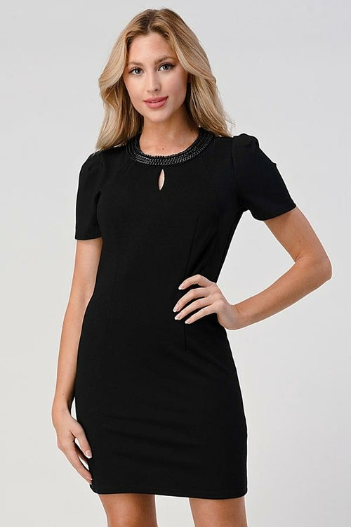 Puff Sleeve Chain Neck Detail Ponti Dress