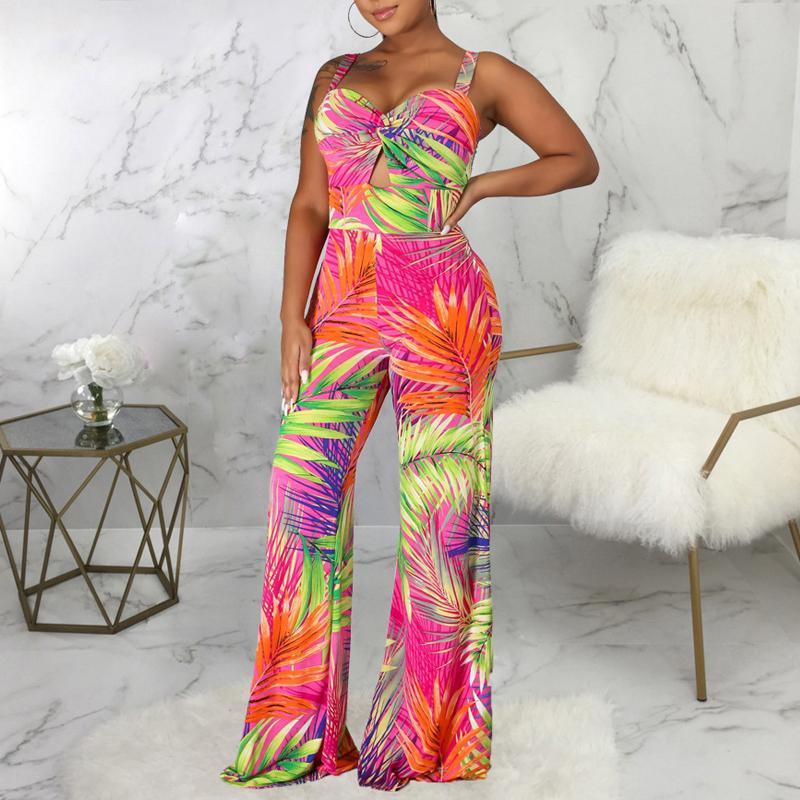 Spaghetti Strap Sexy Leaf Print Long Jumpsuit