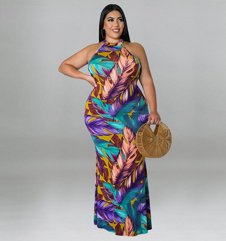 Plus Size Women Double Wear Leaf Print Sleeveless Mermaid Bodycon Maxi