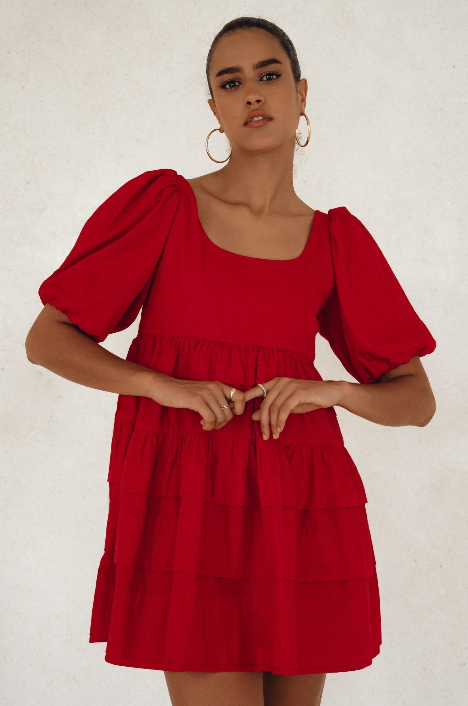 Andrea Babydoll Cotton Mini Dress - Handmade from breathable poplin cotton. Voluminous sleeves and a flattering neckline for chic comfort. Versatile and stylish, perfect for any size and occasion.