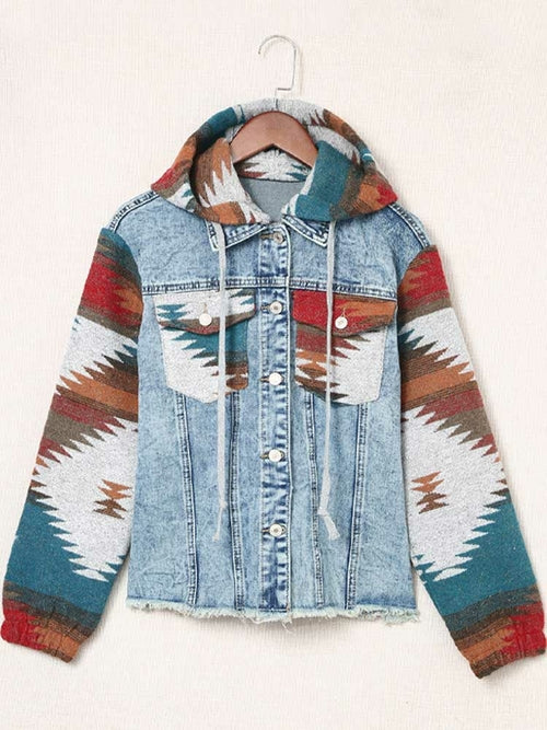 Blue Denim Jacket Women Long Sleeve Hooded Bohemian Style Jacket