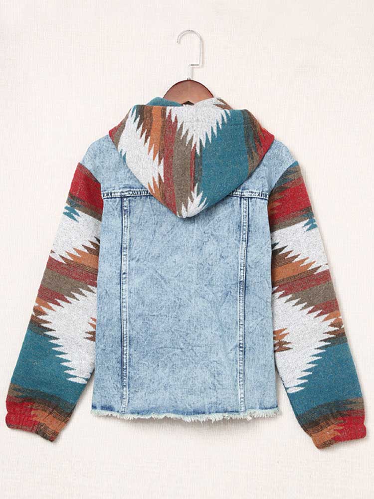 Blue Denim Jacket Women Long Sleeve Hooded Bohemian Style Jacket