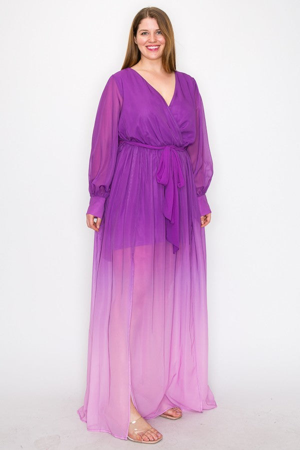 Ombre Chiffon Wrap Front Long Sleeve Tie Waist Slit Front Maxi Dress