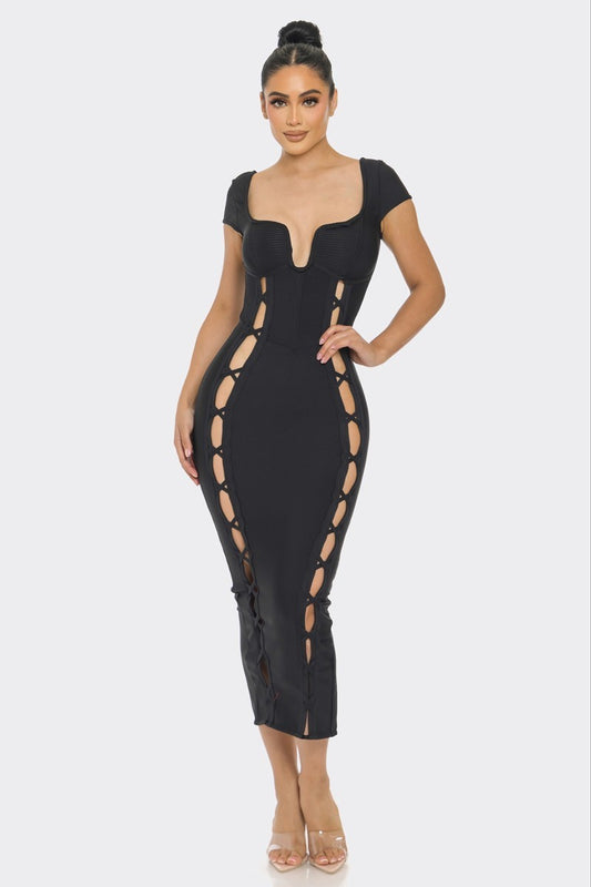 Elevate your style with our imported Bandage Midi Dress. This sleeveless dress features a wired neckline, cut-outs, and faux lace-up detail for a sophisticated look. The hidden back zipper and stretch fabric ensure comfort. Made of 90% Polyester and 10% Spandex, available in classic black.