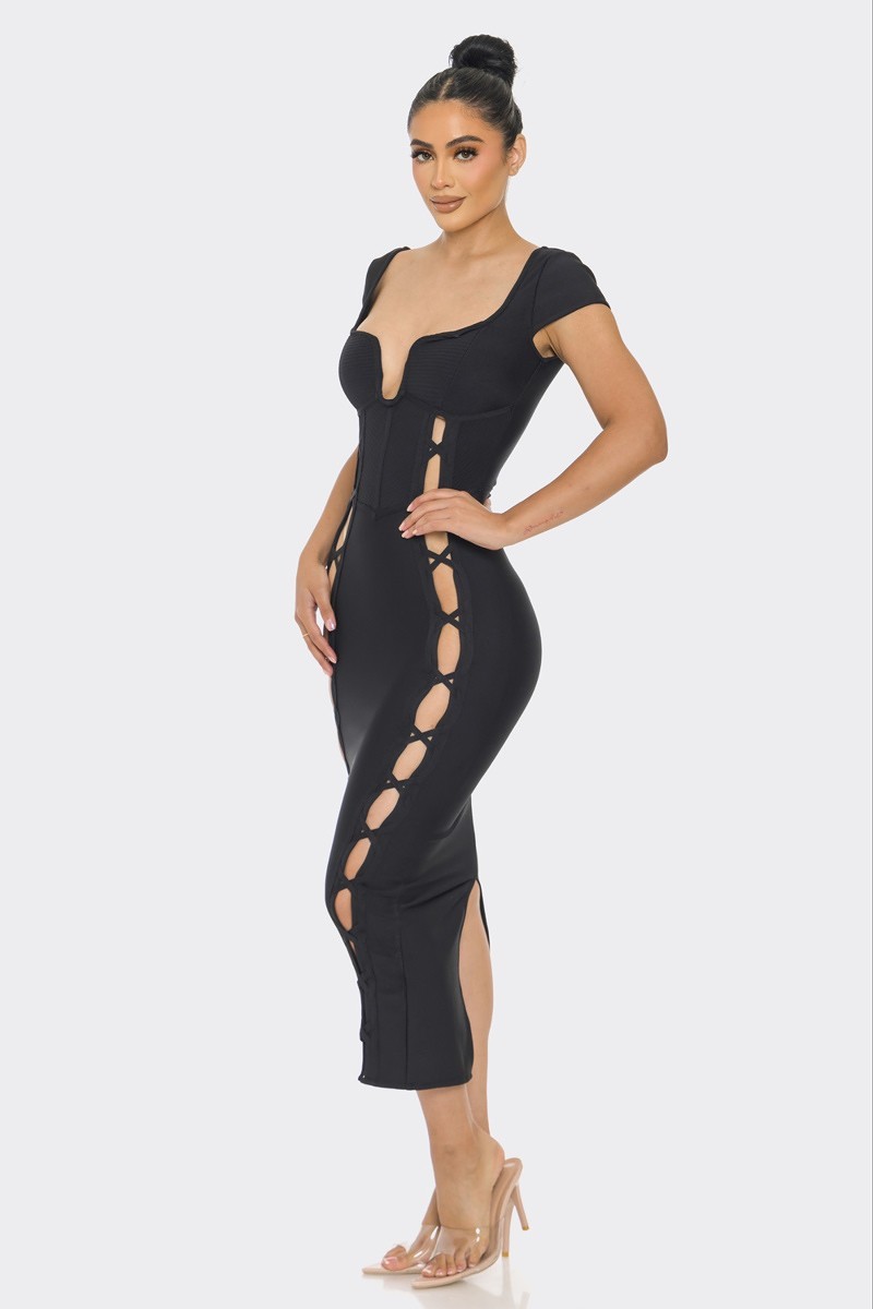 Elevate your style with our imported Bandage Midi Dress. This sleeveless dress features a wired neckline, cut-outs, and faux lace-up detail for a sophisticated look. The hidden back zipper and stretch fabric ensure comfort. Made of 90% Polyester and 10% Spandex, available in classic black.