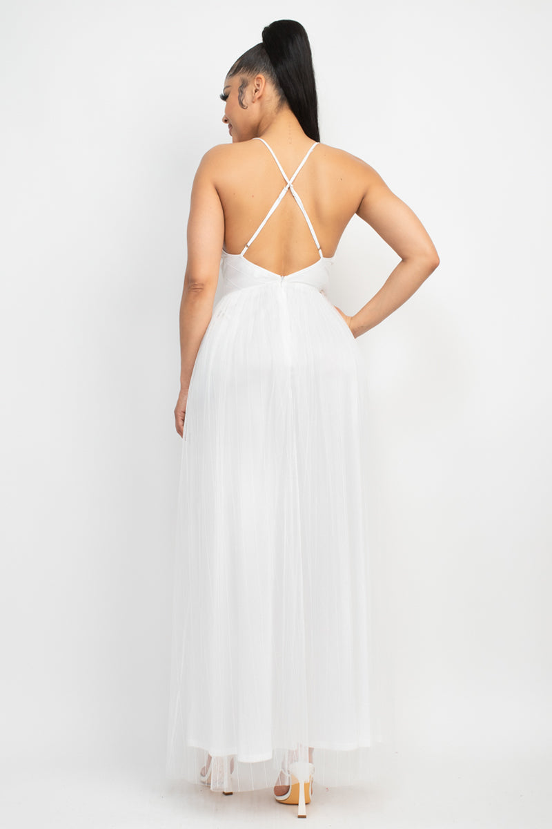 Elevate your style with the Pleated Mesh Slit Maxi Dress. This bold fashion-fit design showcases a v-neckline, crossed back, and front slit, all enhanced by pleated details and a mesh overlay. The dress is crafted from 100% Polyester in a stunning white hue. 