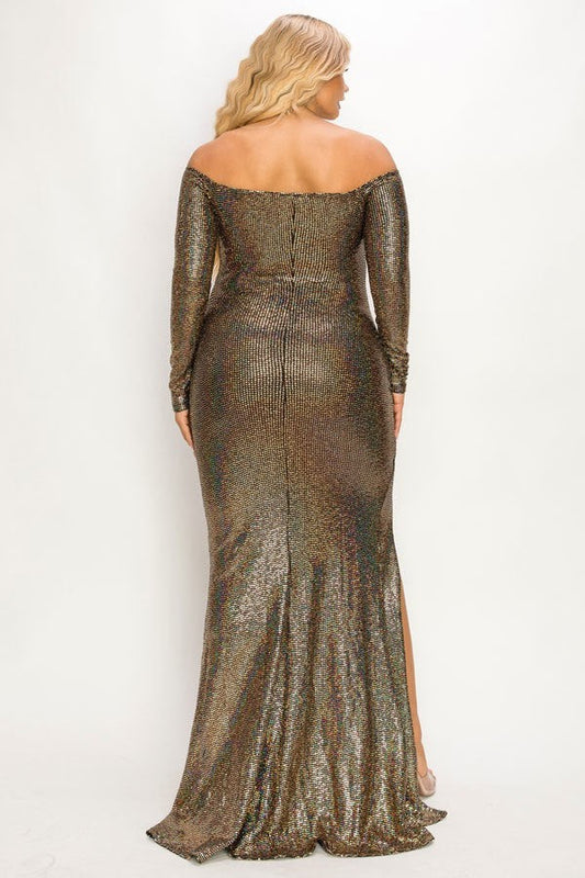 Plus Long Sleeve Off Shoulder Sequin Fabric (metallic) Party Maxi