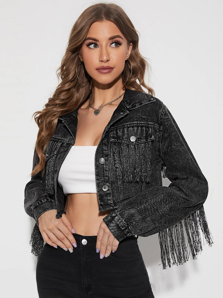 Cowboy Jacket Tassel Stitching Sexy Ripped Denim Coat