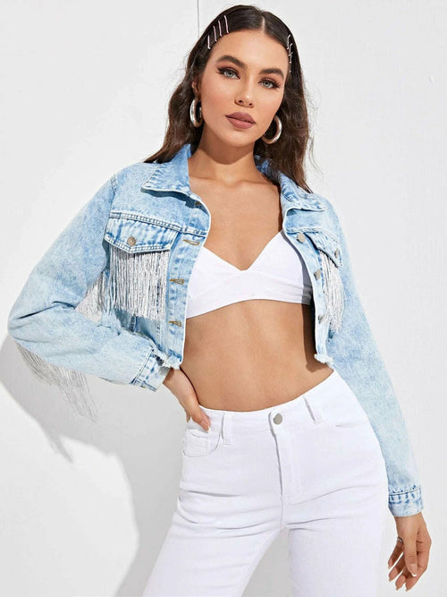 Cowboy Jacket Tassel Stitching Sexy Ripped Denim Coat