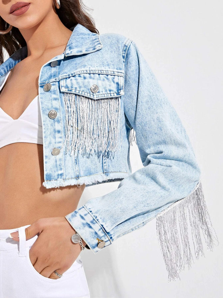 Cowboy Jacket Tassel Stitching Sexy Ripped Denim Coat