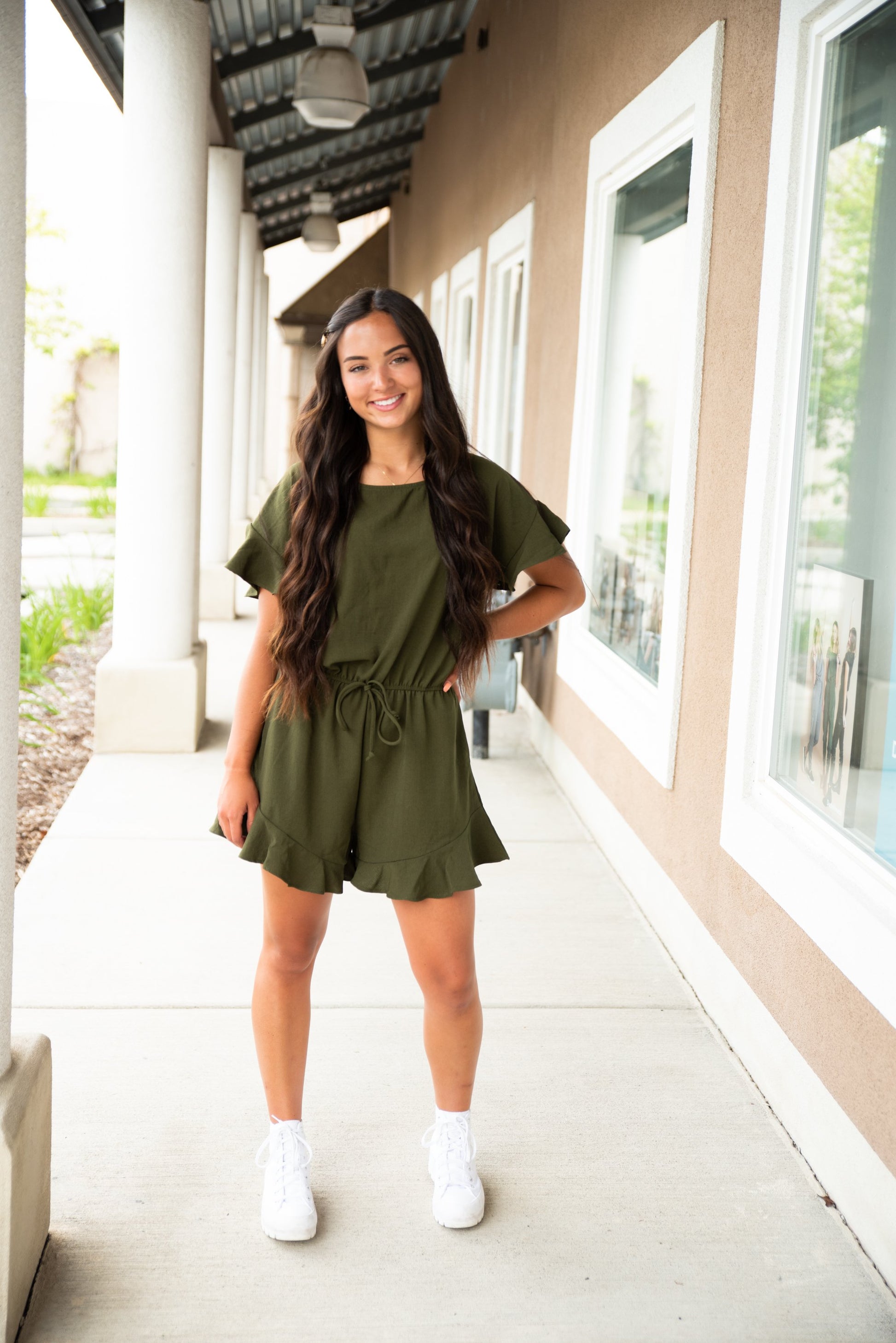 Lexie Ruffle Hem Romper in Olive