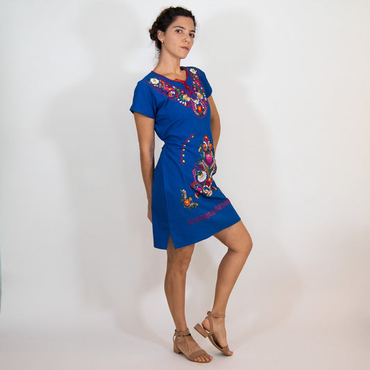 Embrace culture in our Southwestern Blue Colorful Dress. Handcrafted with love, this versatile cotton dress features intricate embroidery from San Gabriel Chilac, Mexico.