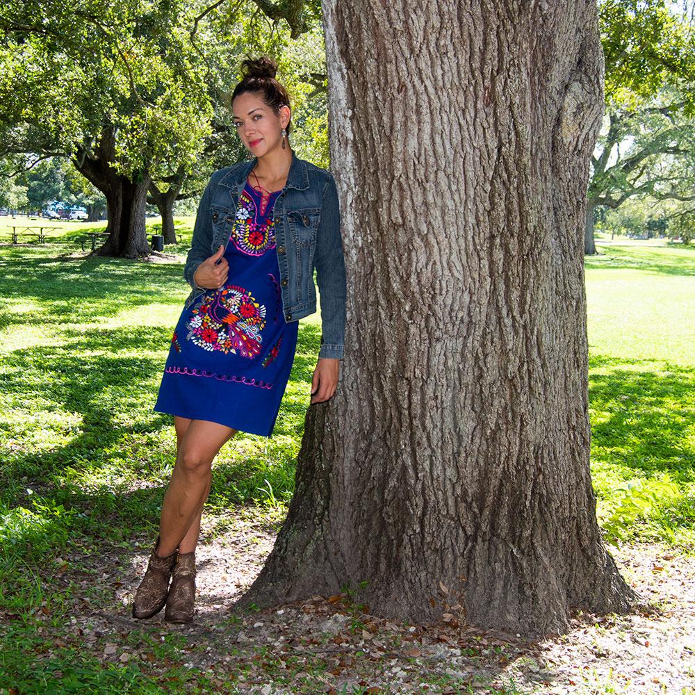 Embrace culture in our Southwestern Blue Colorful Dress. Handcrafted with love, this versatile cotton dress features intricate embroidery from San Gabriel Chilac, Mexico.