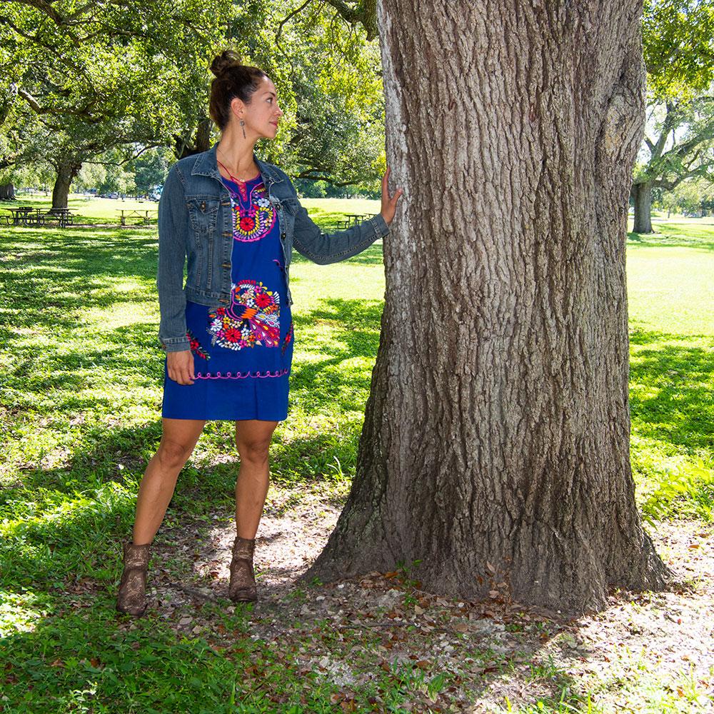 Embrace culture in our Southwestern Blue Colorful Dress. Handcrafted with love, this versatile cotton dress features intricate embroidery from San Gabriel Chilac, Mexico.