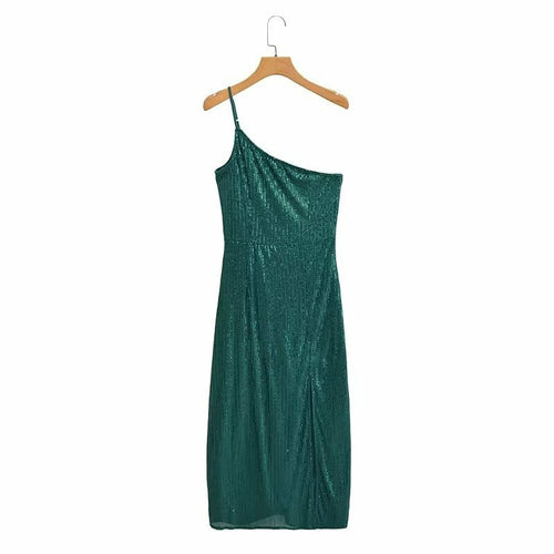 Step into elegance with our One-Shoulder Sequin Asymmetrical Midi Dress. Shimmering sequins, a chic oblique shoulder, and an asymmetrical hem make it perfect for special occasions. Available in sizes S, M, and L.