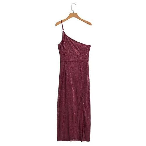 Step into elegance with our One-Shoulder Sequin Asymmetrical Midi Dress. Shimmering sequins, a chic oblique shoulder, and an asymmetrical hem make it perfect for special occasions. Available in sizes S, M, and L.