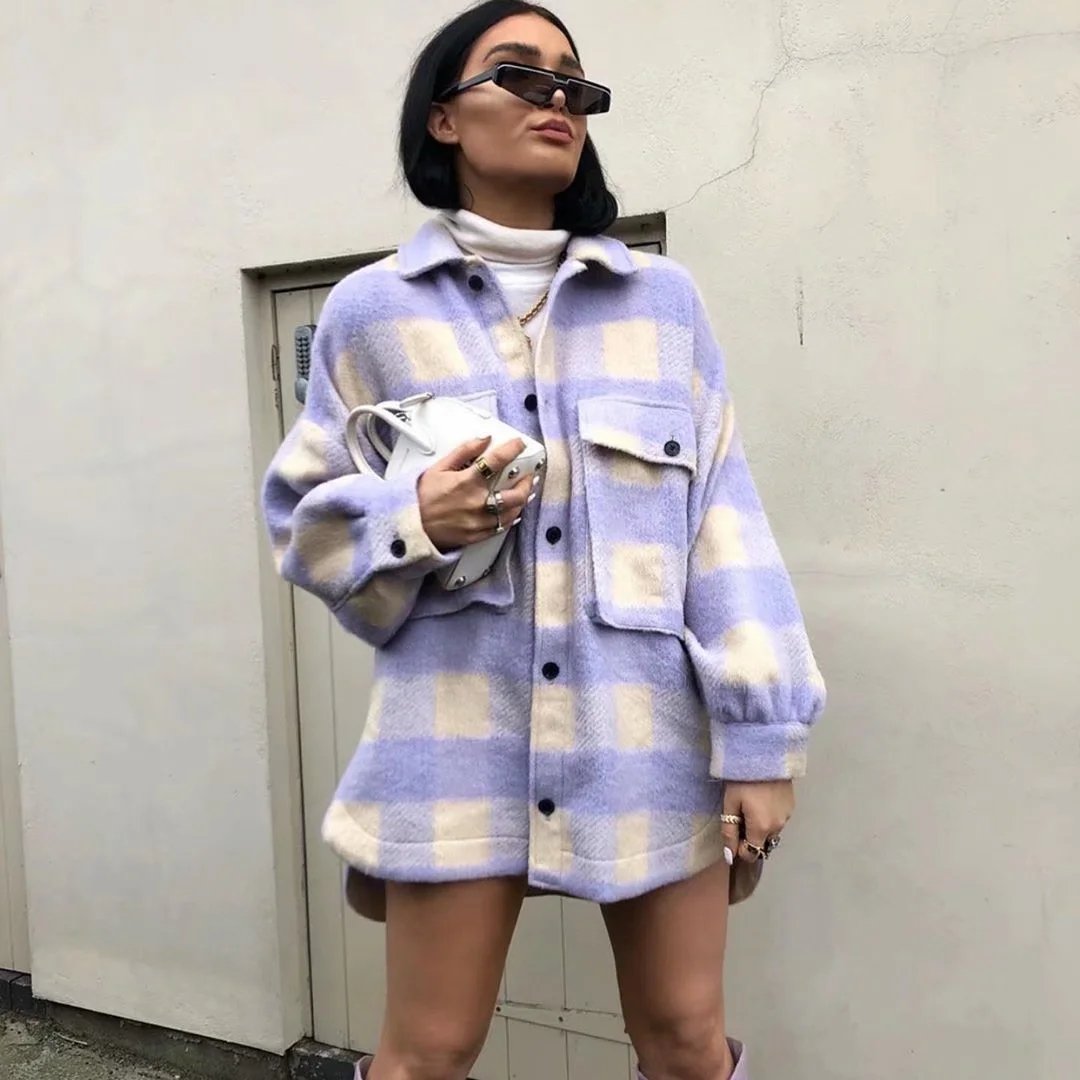 Fashion Oversize Wool Coat Women Pladi Jacket Streetwear