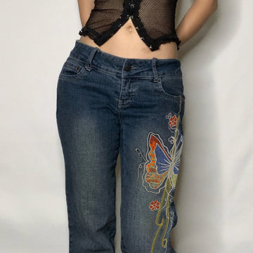 Retro Butterfly Print Y2K Denim Jeans Low Waisted Vintage Cargo