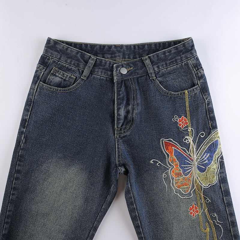 Retro Butterfly Print Y2K Denim Jeans Low Waisted Vintage Cargo