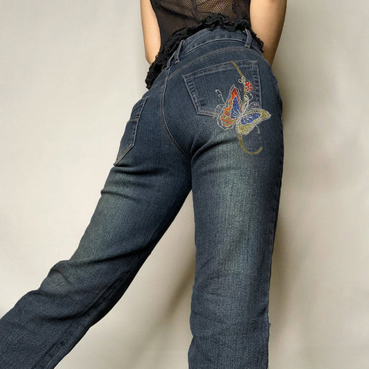 Retro Butterfly Print Y2K Denim Jeans Low Waisted Vintage Cargo