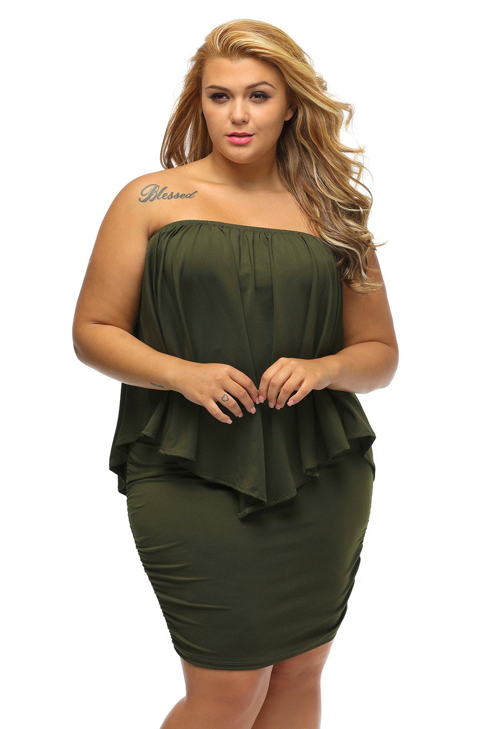 Multiple Dressing Layered Army Green Plus Size Mini Dress