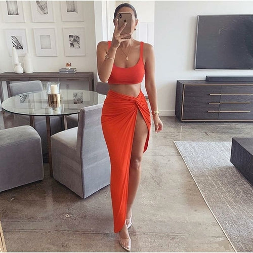 Women Plus Size Crop Top Twist Side Split Long Skirts