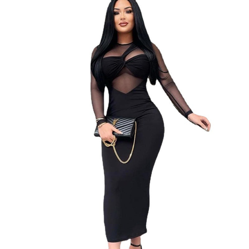 Mesh Splice Long Sleeve Midi Bodycon Dress