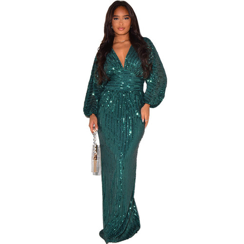 Elegant and sexy Women's Sequined V-Neck Maxi Dress with lantern sleeves and sequin embellishment. Ideal for formal occasions in spring and fall. Crafted from high-quality polyester