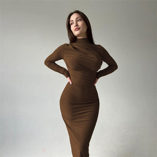 Autumn Winter Women Clothing Round Neck Long Sleeve Slim Sheath Solid