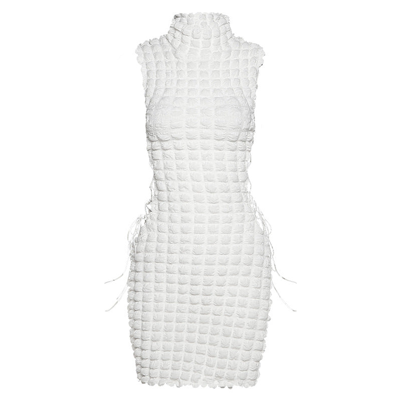 Sleeveless stacked mini dress – chic and sophisticated. Elevate your style effortlessly with a half-high collar, drawstring detail, and solid chiffon fabric. Perfect for any occasion.