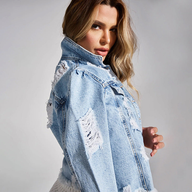 Fashionable Women's Denim Jacket with Distressed Details