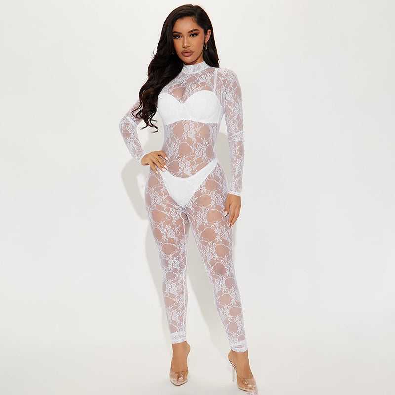 Women Clothing Autumn Winter Lace See through Mesh Sexy Long Sleeve