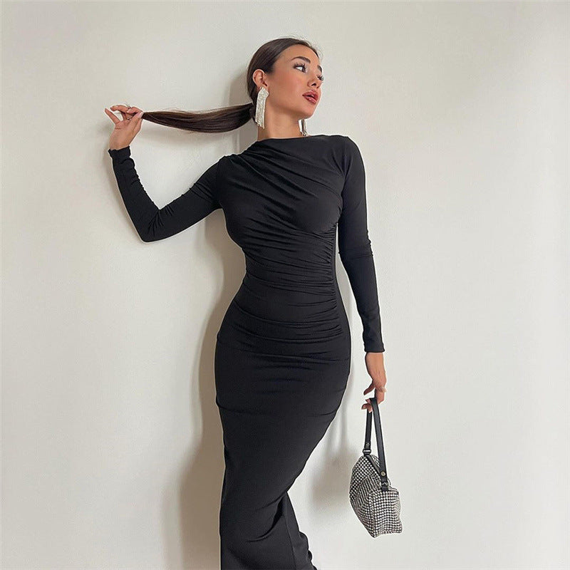 Autumn Winter Women Clothing Round Neck Long Sleeve Slim Sheath Solid