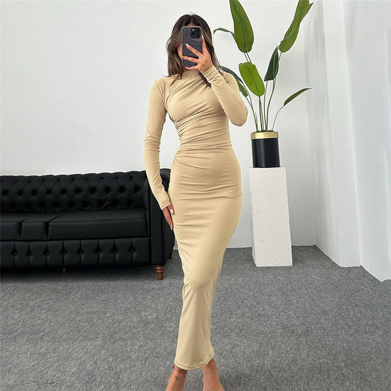 Autumn Winter Women Clothing Round Neck Long Sleeve Slim Sheath Solid