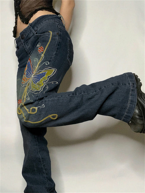 Retro Butterfly Print Y2K Denim Jeans Low Waisted Vintage Cargo