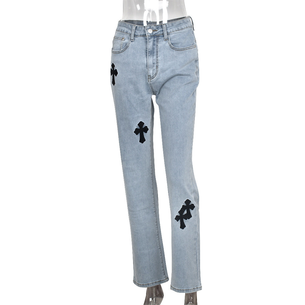 Cross Printed Baggy Jeans Low Waist Straight Denim Trousers